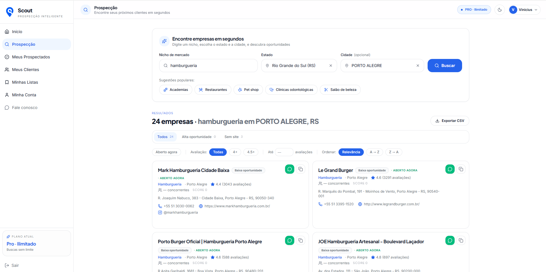 Dashboard do Scout mostrando uma prospecção real de restaurantes em São Paulo, com resultados, filtros e exportação CSV.